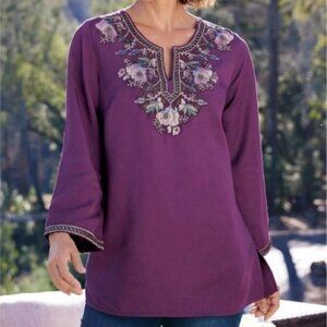 Soft Surroundings Global Artistry North Star Embroidered Floral Blouse Tunic Top